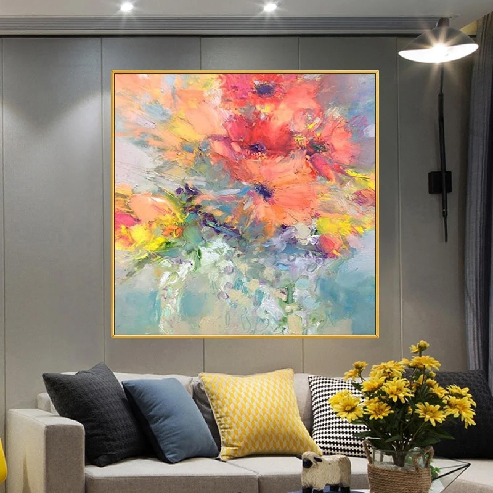 Pintura floral abstracta pintada a mano, arte de pared de flores coloridas sobre lienzo, obra de arte de plantas, decoración para el hogar, sala de estar, dormitorio, oficina, 90 x 90 cm, sin marco