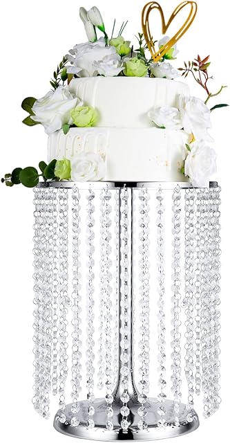 LANLONG Wedding Cake Stand for Dessert Table 30cm Silver Crystal Pendants Metal Cake Stand Serves as A Round Dessert Cupcake Display Plate 40cm Tall (Silver, L)