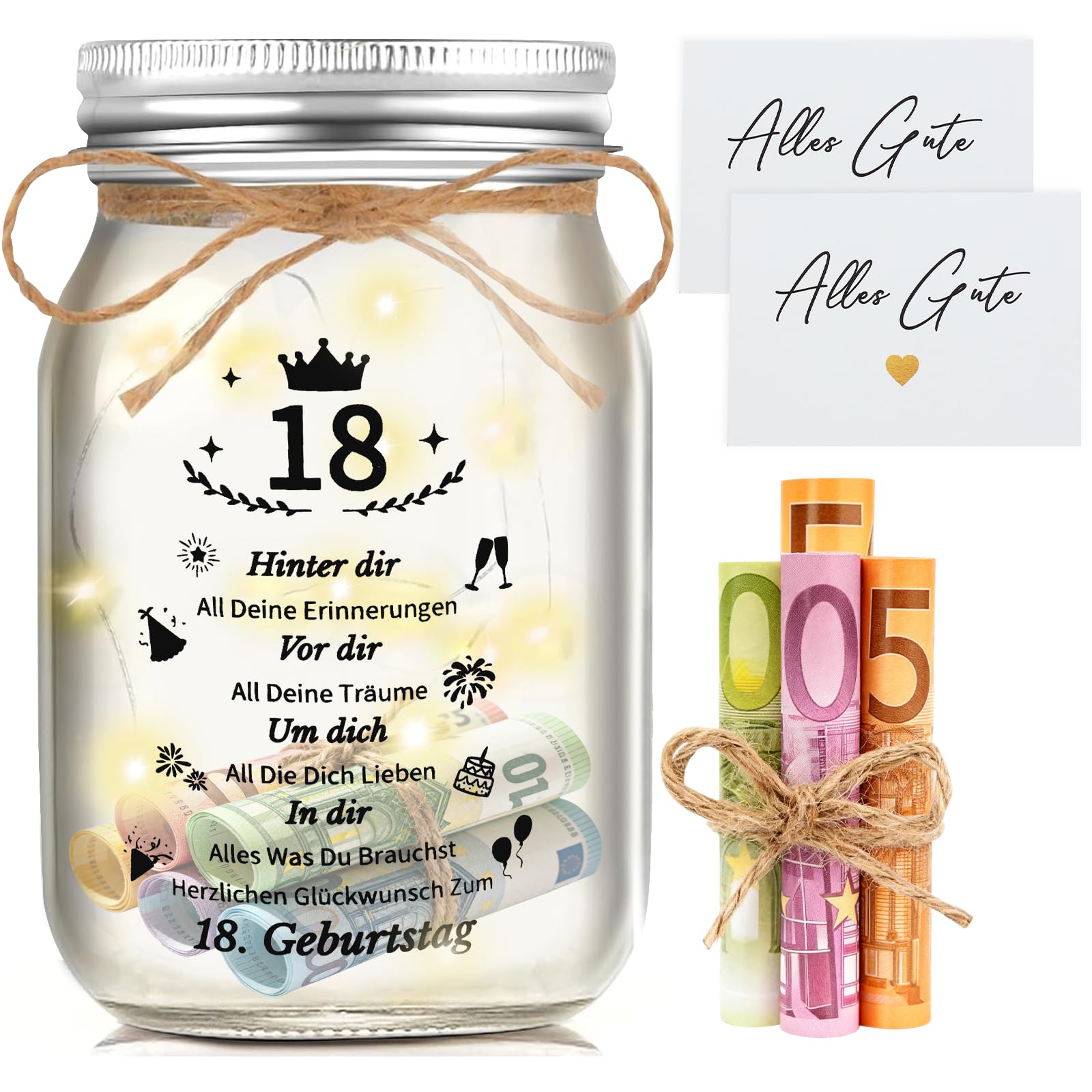 Tarro de Regalo con Luz para 18º Cumpleaños - Idea con Iluminación para Decoración de Fiesta y Dinero