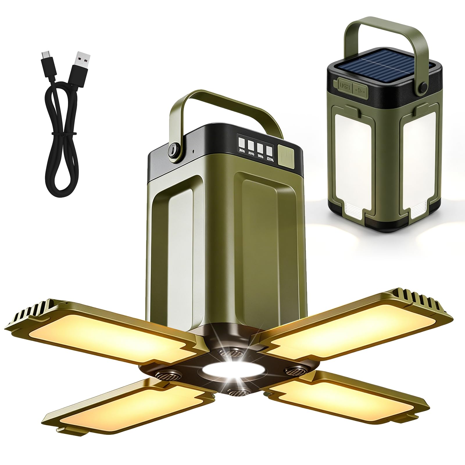 Lampe Camping Solaire Rechargeable – 6 Modes LED, 2000mAh, Pliable, IPX4 – Tente, Randonnée, Urgence, Intérieur/Extérieur