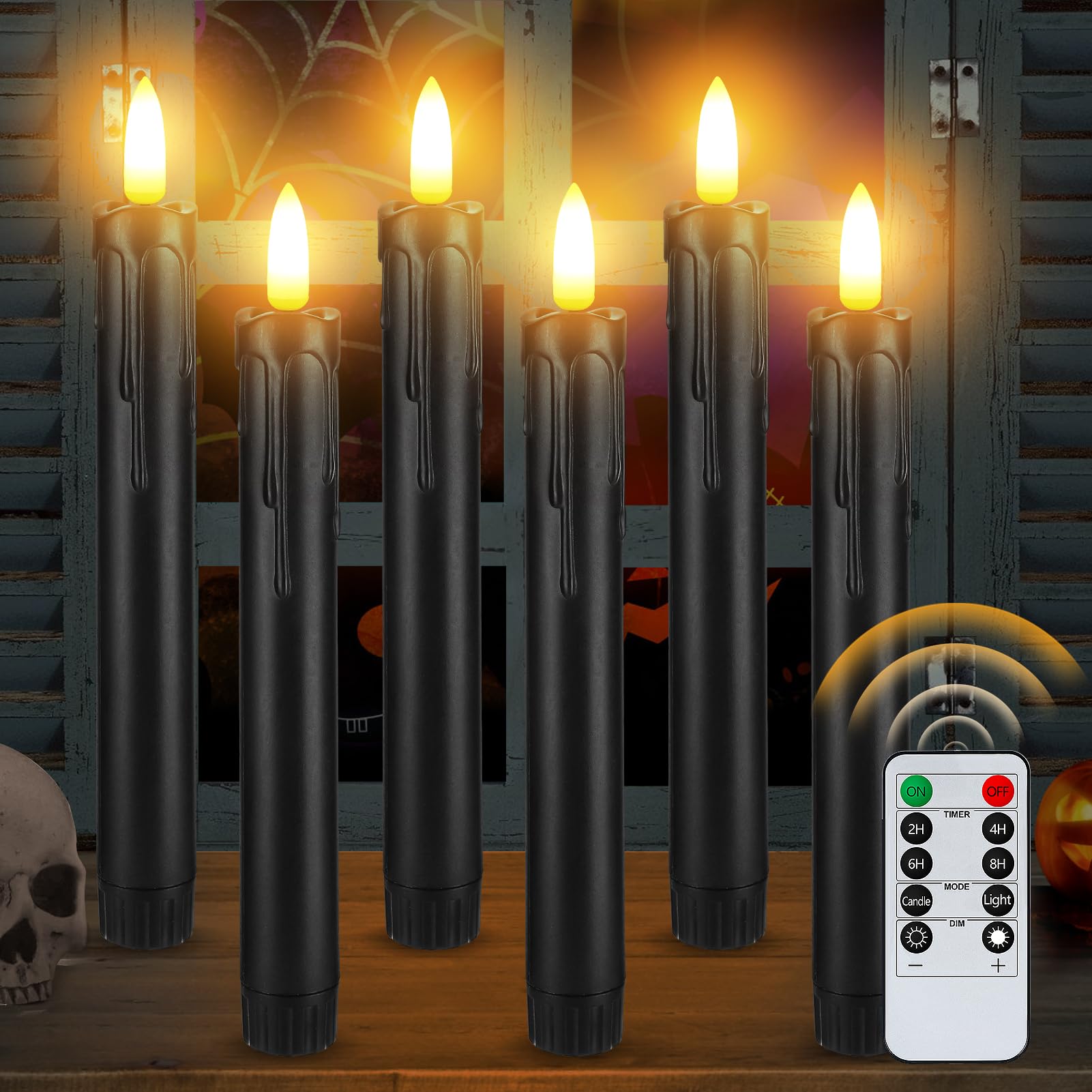 Black Halloween Flameless Candles with Remote & Timer - Wax Drip LED Flickering Taper Candlesticks Battery Operated, Smokeless Unscented for Fireplace Table School Bar Halloween Decor, 6 Pack