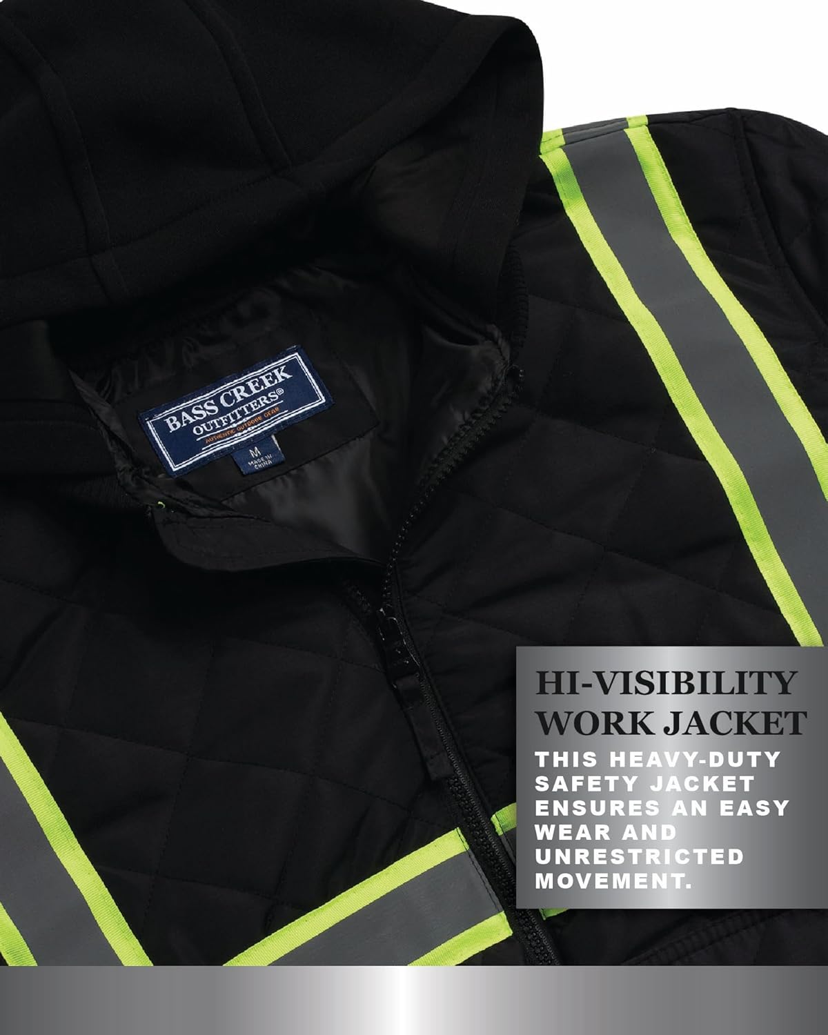 Bass Creek Outfitters Mens High Visibility Jacket - Quilted Hi Vis Bomber Safety Work Jackets for Men with Fleece Hood