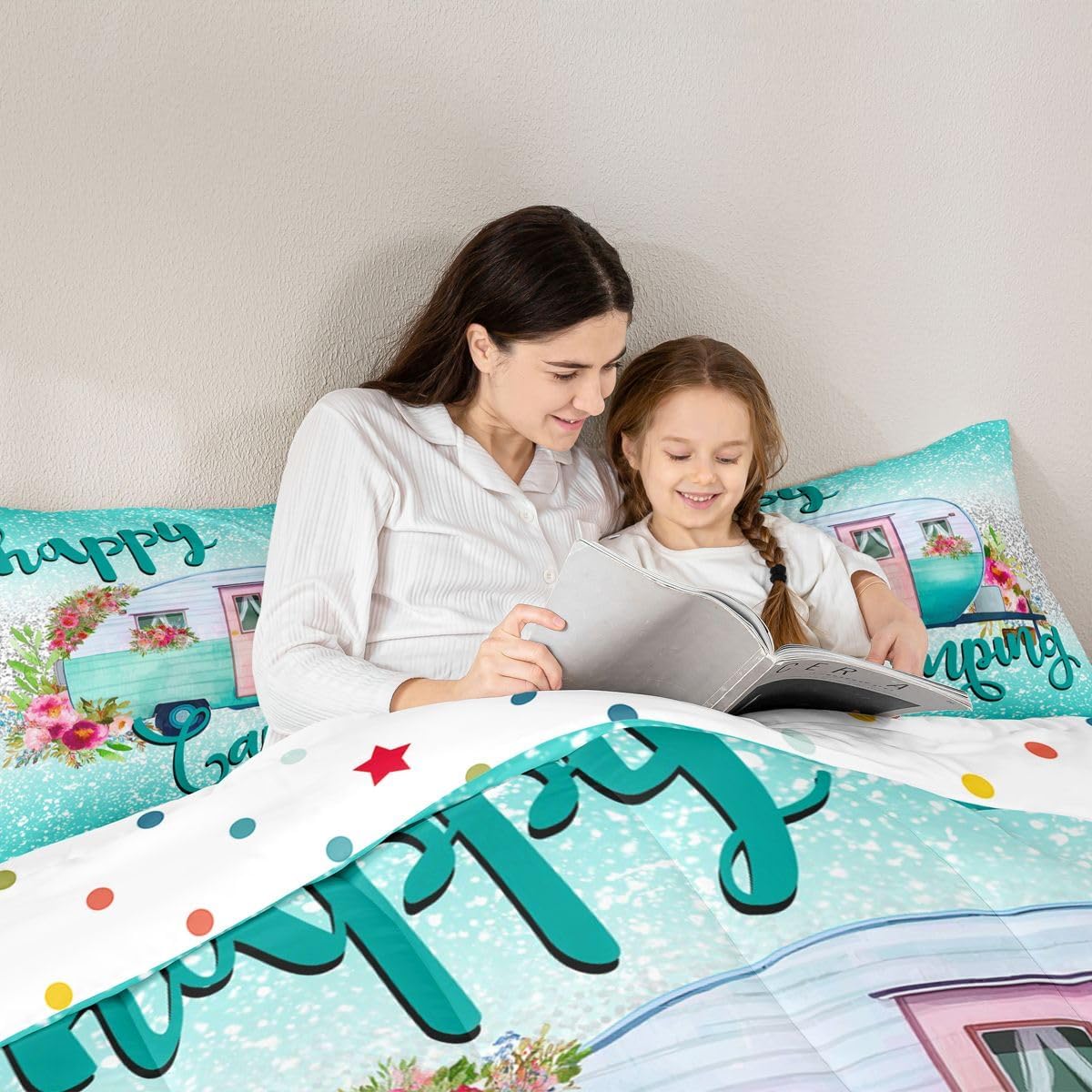 Kids Happy Camping Bedding Set,Camper Car with Flower Comforter Set Twin Size,Space Star Glitter Duvet Sets, Ombre Gradient Soft Quilted Duvet for Boys Girls Teens,Green Farmhouse Decorations