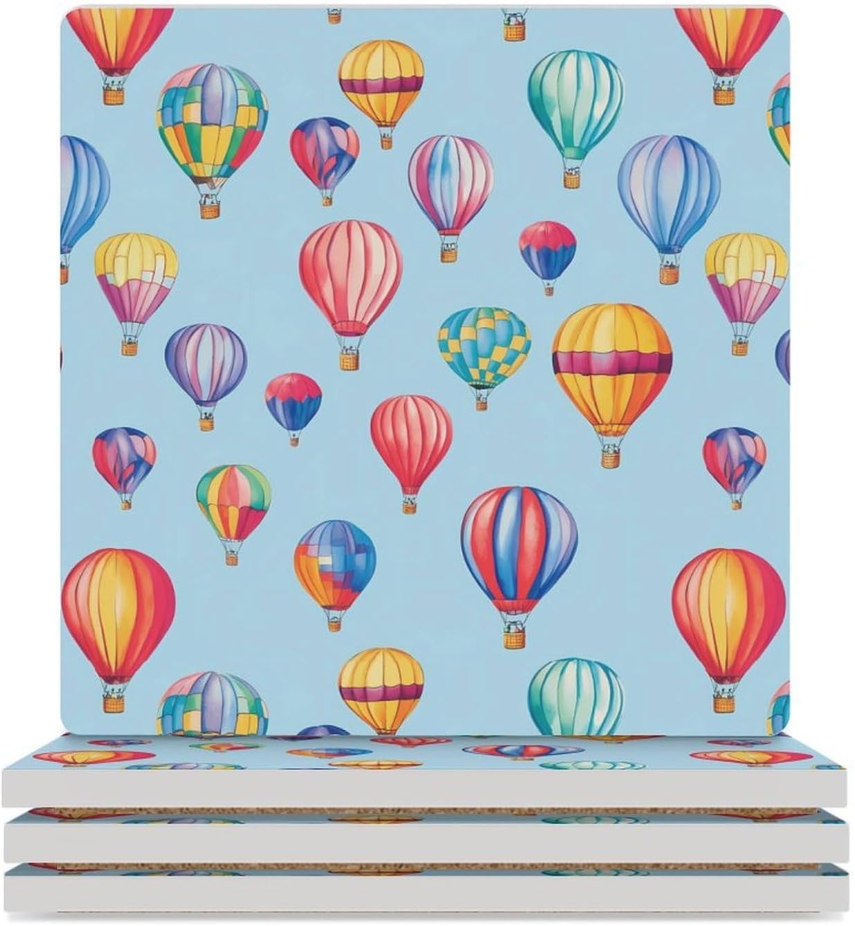Colorful Hot Air Balloons Funny Ceramic Coasters for Drinks Absorbent Cup Holder Tabletop Protector with Cork Base