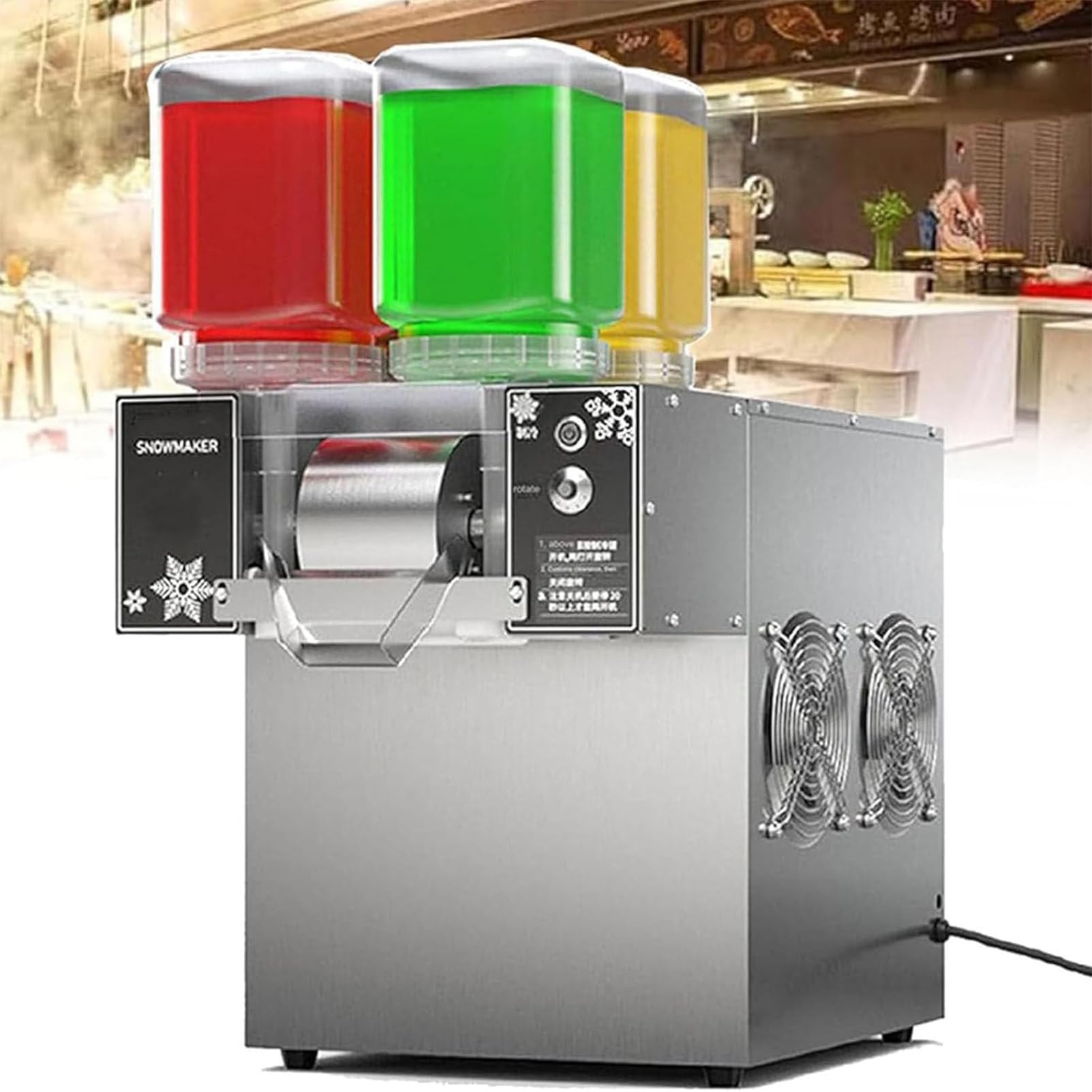 Machine à cônes de neige commerciale 120 kg/24 h, machine à glace en flocons, broyeur de crème, machine à glace pilée avec plateau tournant électrique et 4 cylindres de matières premières, 1 200 W