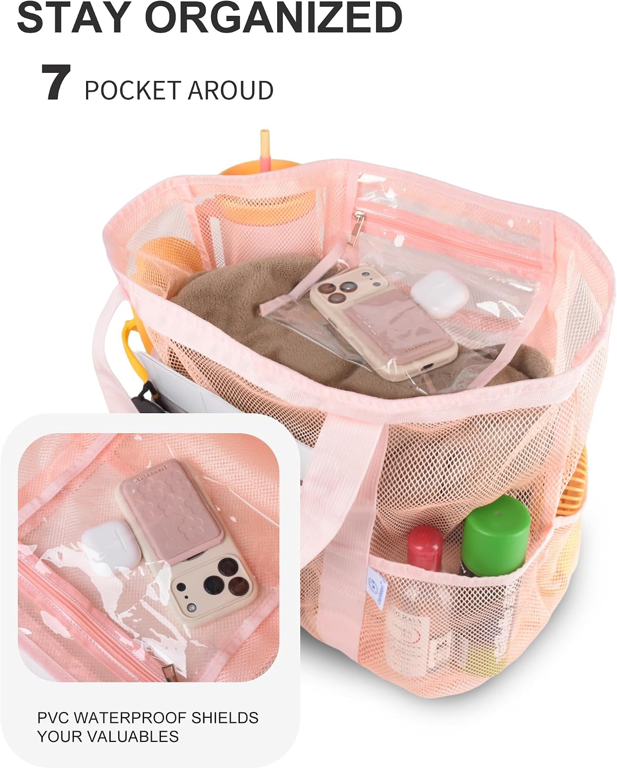 Genteen Sandproof Mesh Beach Bag with Detachable Cooler, Waterproof Zipper Tote Bag for Women Swim Pool Vacation Travel