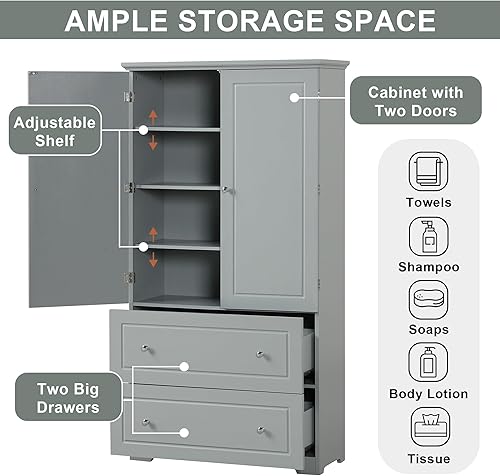 Miniatura 21 de Armario de almacenamiento de baño independiente con puertas, cajón y estantes, gabinete de baño estrecho y delgado, torre de lino de pie (gris)