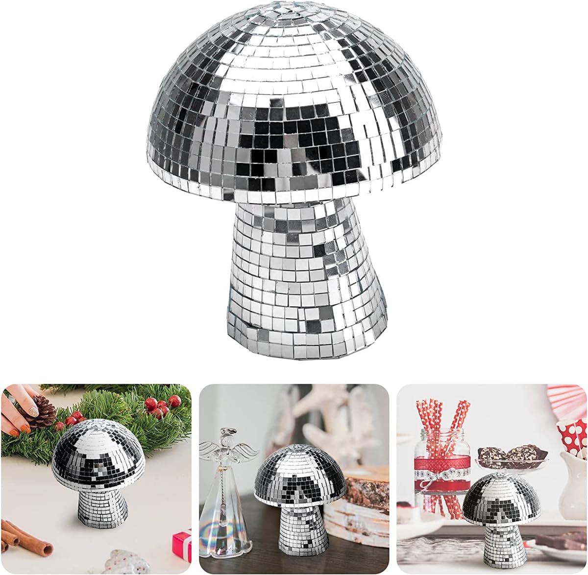Mushroom Disco Ball for Party, Disco Mirror Reflective Ball, Mirror Disco Ball Mushroom Shape Home Art Decorations, Creative Resin Handicraft Ornaments, Silver (9IN)