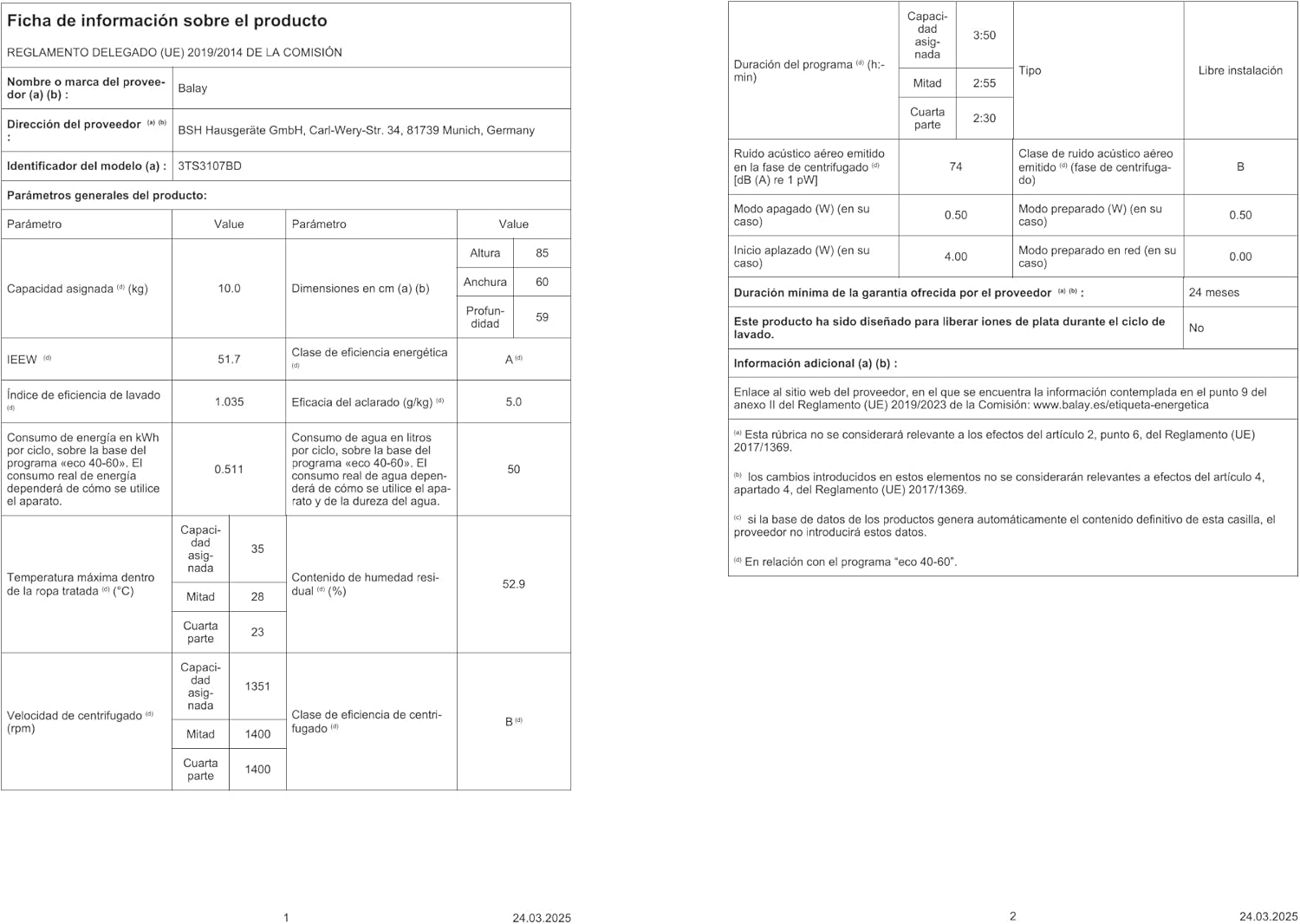 Energy label for Balay 3TS3107BD washing machine, showing A energy class, 10 kg capacity, 51 kWh/100 cycles, 50 L water/cycle, and 74 dB spin noise.