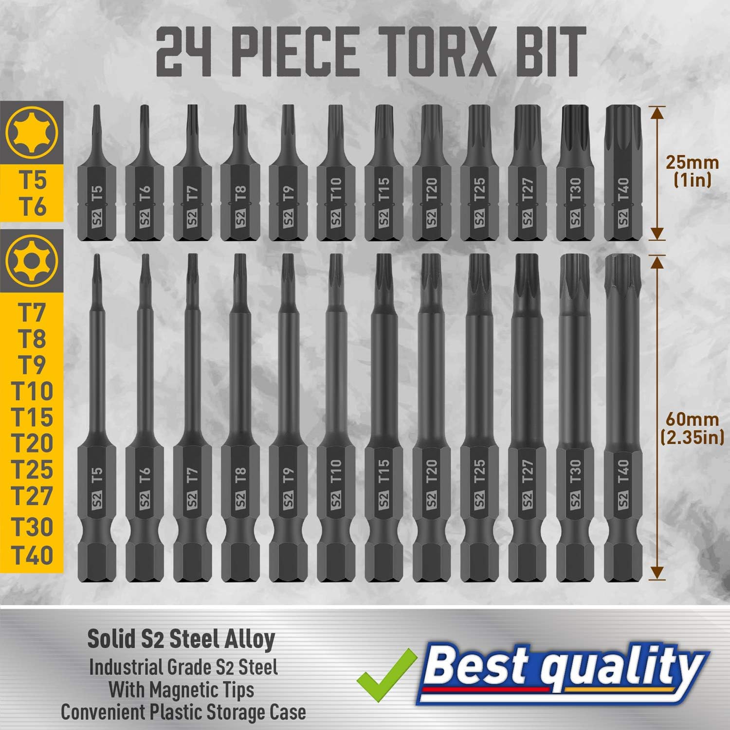 Torx Bit Set, Amartisan 24-Piece Security Torx Bit Set, Tamper Resistant Star Bits Set S2 Steel, 1" and 2.3" Long T5 - T40 - - 
