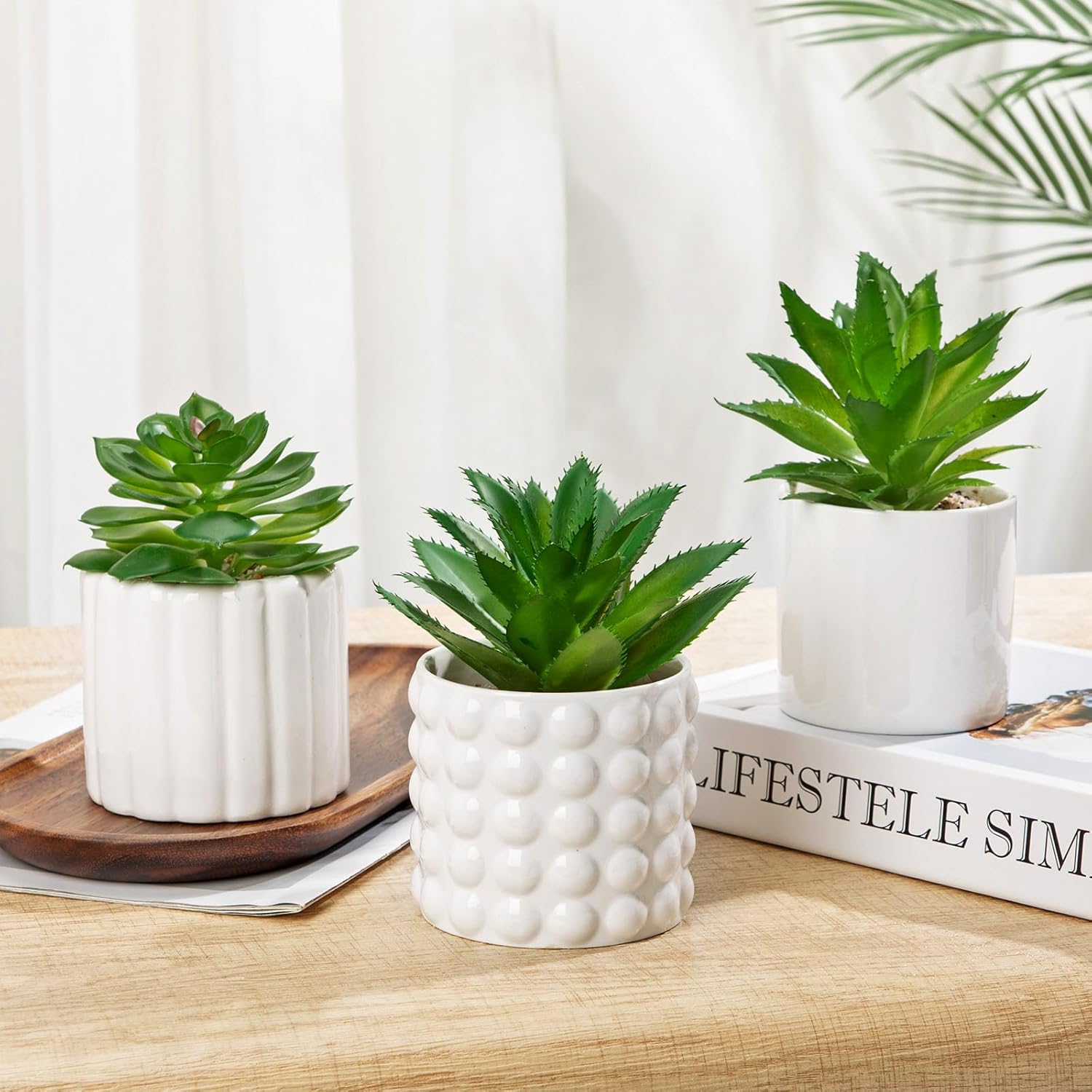 Briful Succulents Plants Artificial in White Ceramic Pots (Set of 3), Small Fake Plants for Home Office Desk Decor – Modern Mini Potted Succulents for Bathroom, Bedroom, Living Room Table, Shelf