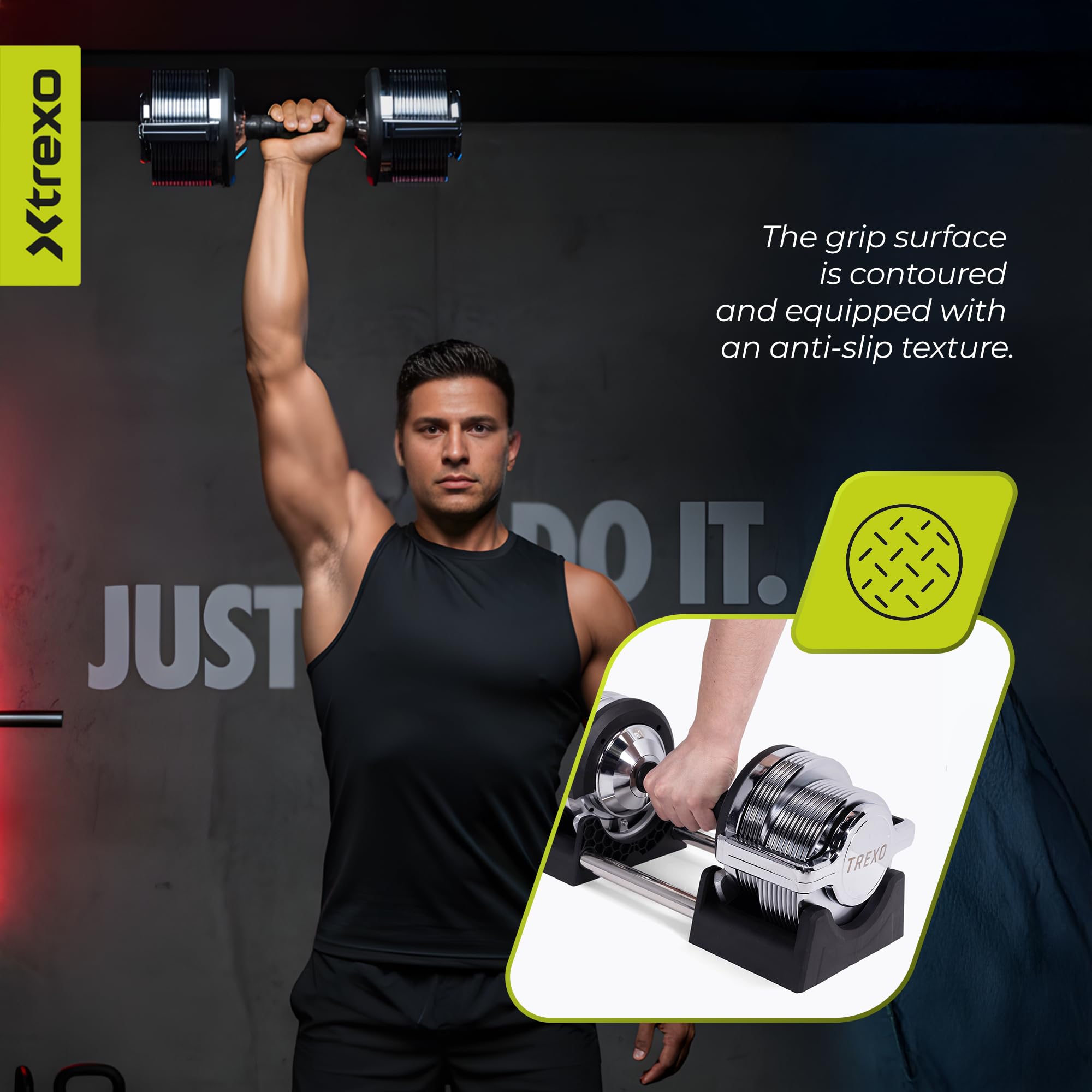 XTREXO 30-stufige feine Gewichtsanpassung 3-32 kg – Verstellbare Hantel – Verchromter Stahl – Silber – Für Krafttraining, Muskelaufbau und kompaktes Home-Gym