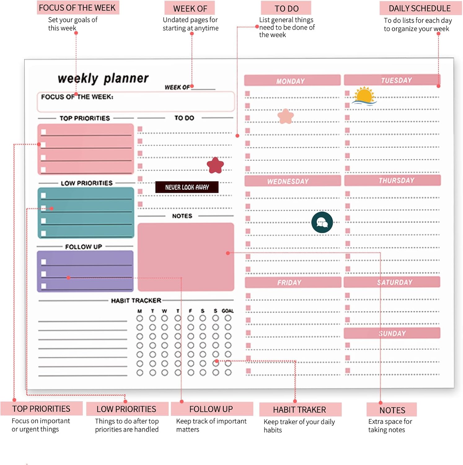 Weekly Planner Notepad A4 Pink Tear Off 52 Sheets with 4 Decorative Sticker image 3