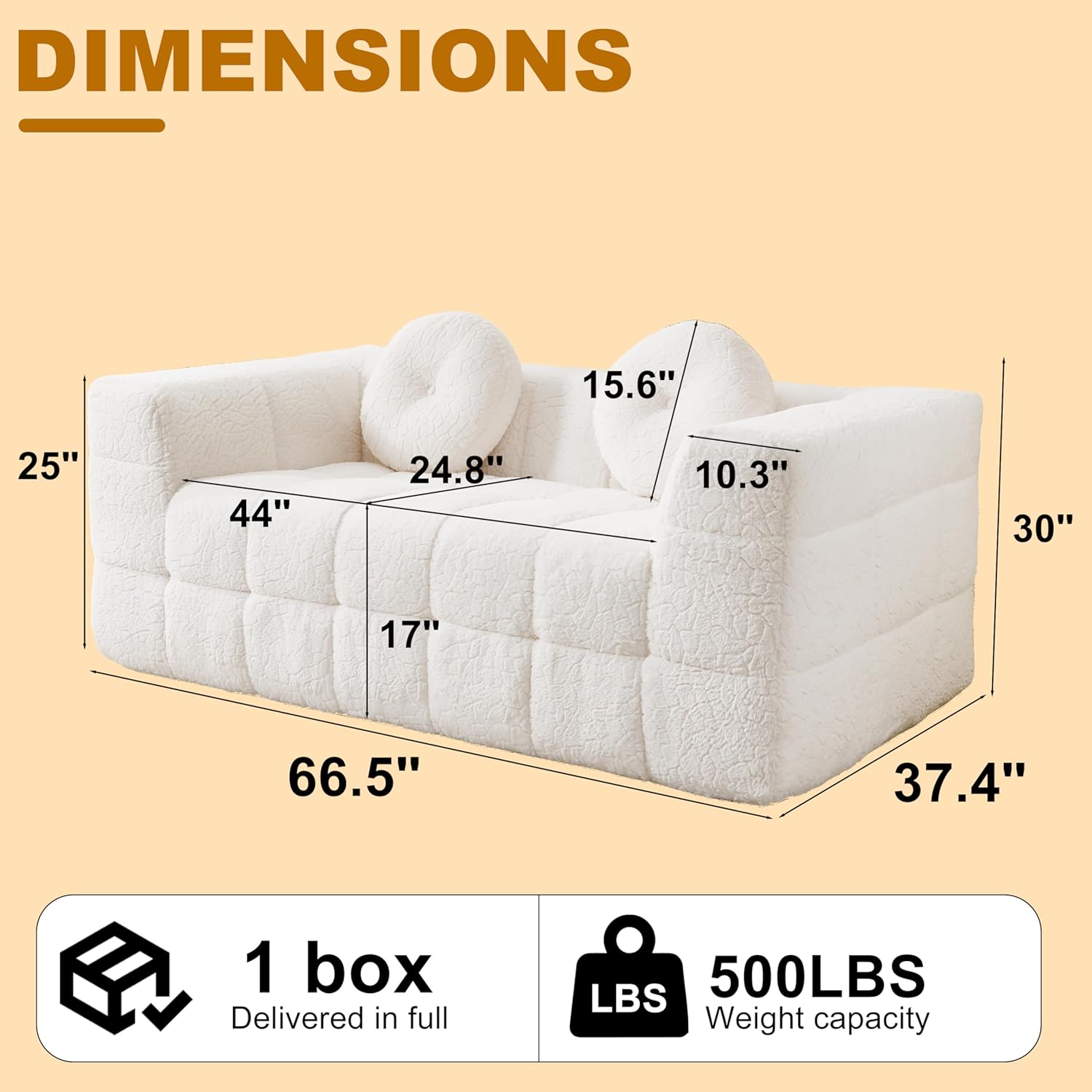 Modern Boneless Beige 66" Loveseat Sofa with Two Throw Pillows, Lychee-Textured Long-Pile Polyester Fabric, Checkered Fabric Design Foam Couch (Beige, 66.5“ Loveseat)