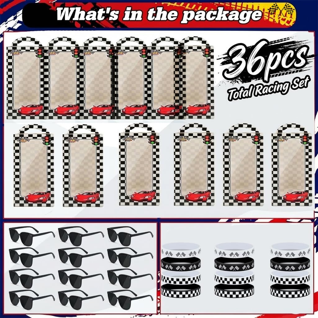 Race Car Party Favors Kit, Sunglasses Racing Wristbands Gift Boxes, 36PCS image 3