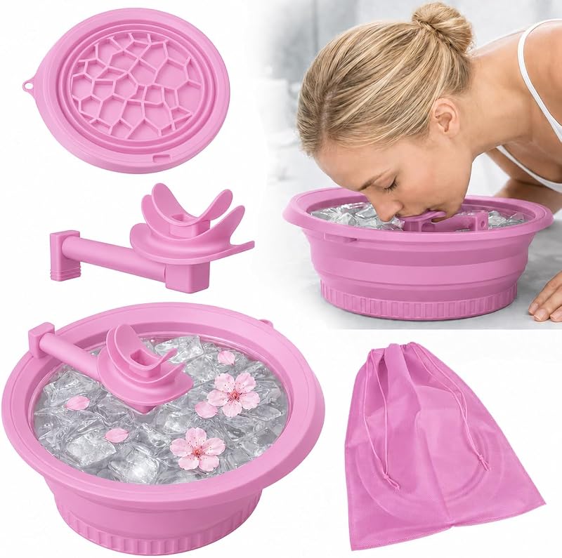Vespara Tigela Facial Dobrável de Silicone Rosa com Tubo Respiratório, Clipe Nasal, Tampa, Bandeja Integrada e Bolsa