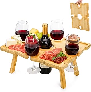 Coloch Portable Bamboo Wine Picnic Table with Wine Glass Holder, Foldabl...