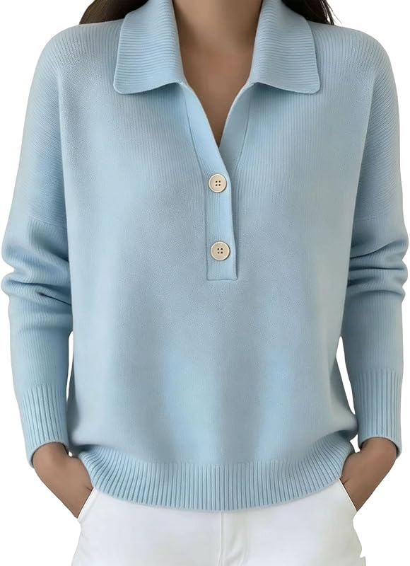 Oplxuo Women's Collared Knit Sweater Half Button Long Sleeve Loose Pullover