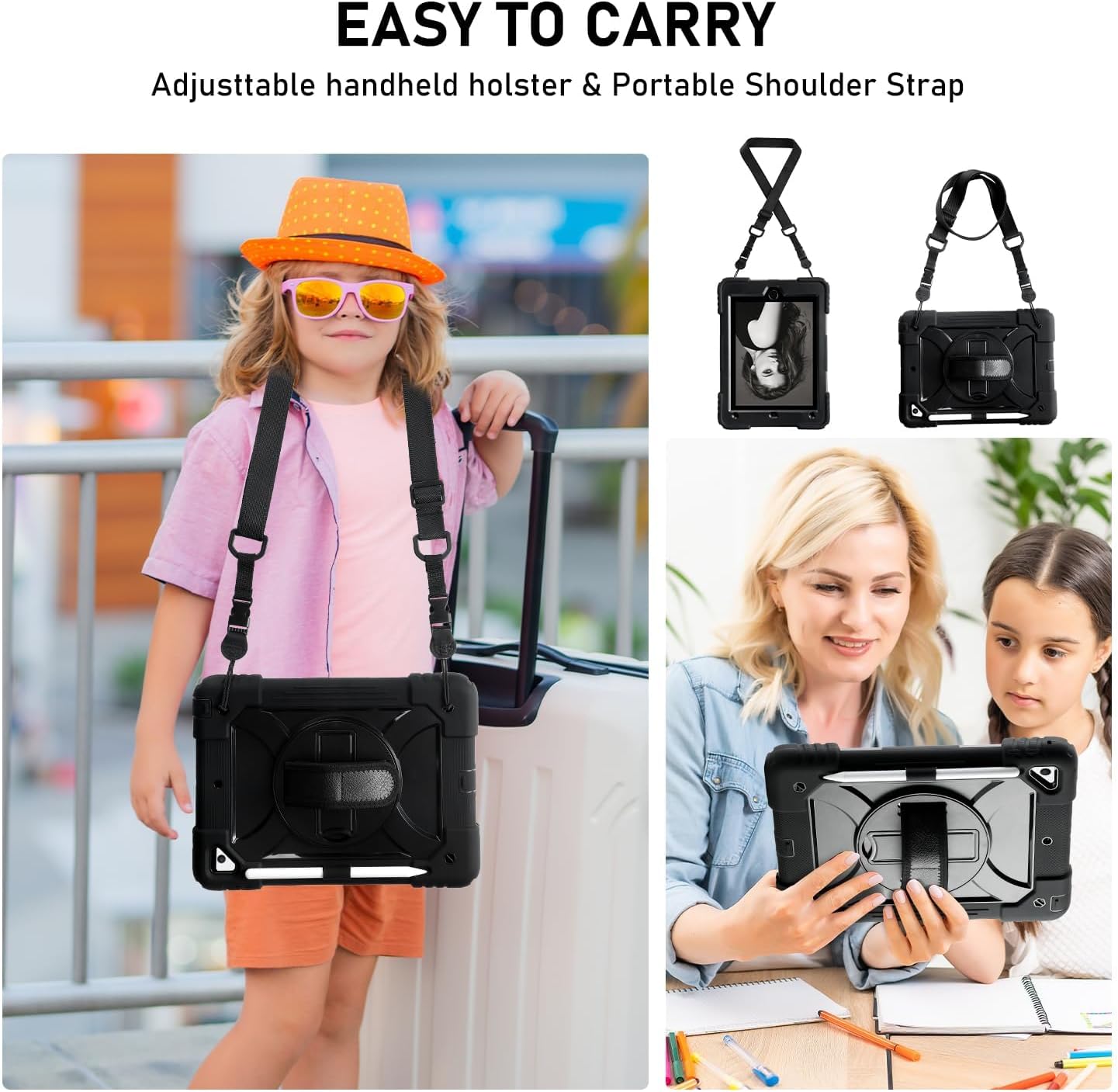 Case for iPad 9.7 6th/5th Gen, Air 2, Pro - Rugged Protective Cover with 360° Rotating Stand, Shoulder & Hand Strap, Pencil Holder (Black)