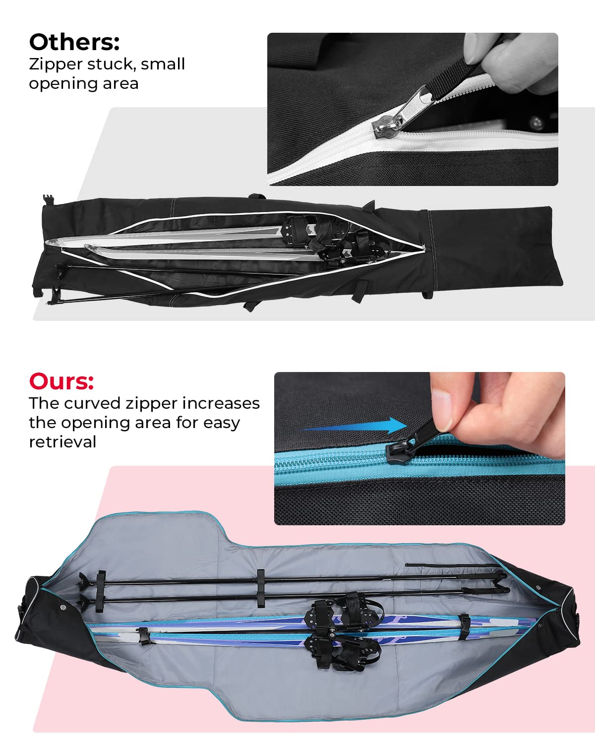KEMIMOTO Skitasche und Skischuhtasche Combo, Stiefeltasche für Ski bis 200cm, 25L Skischuhtasche für Skiausrüstung, wasserdichte Skisack mit Lüftungsgitter, Robuste Skibag für Skifahren