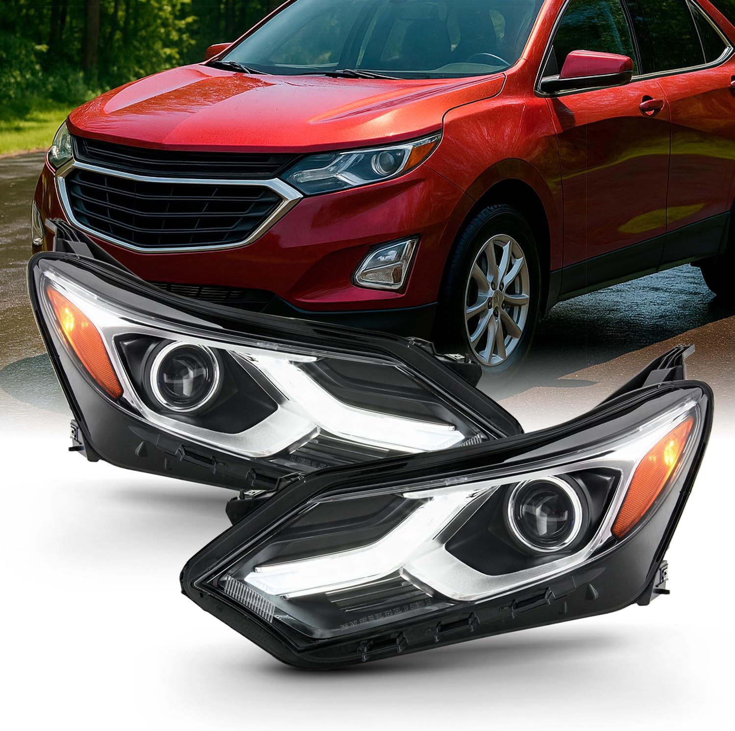 AKKON - Fits 2018 2019 2020 2021 Chevy Equinox [Halogen Type] LED Tube DRL Black Headlight Driver Left+Passenger Right Headlamp