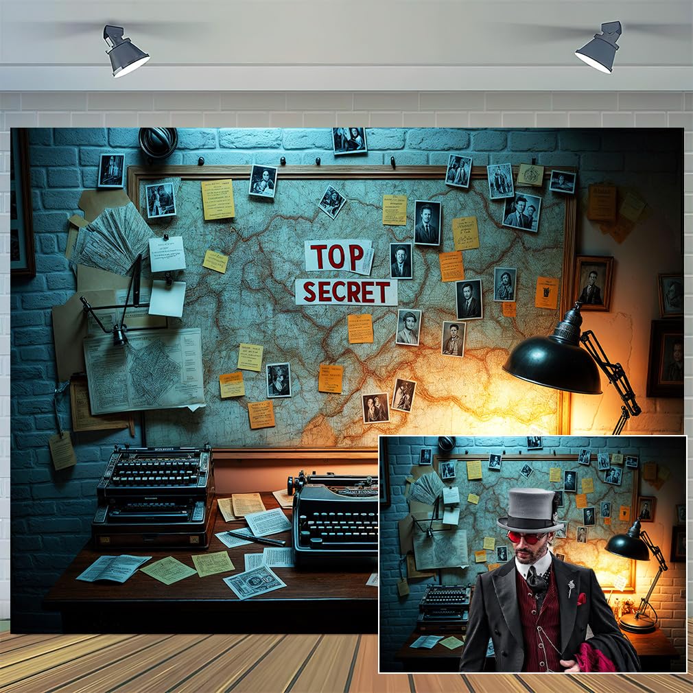 7 x 5 ft Detective Backdrop Top Secret Agent Spy Police Office Investigation Photography Background Fingerprint Clues Evidence Murder Mystery Party
