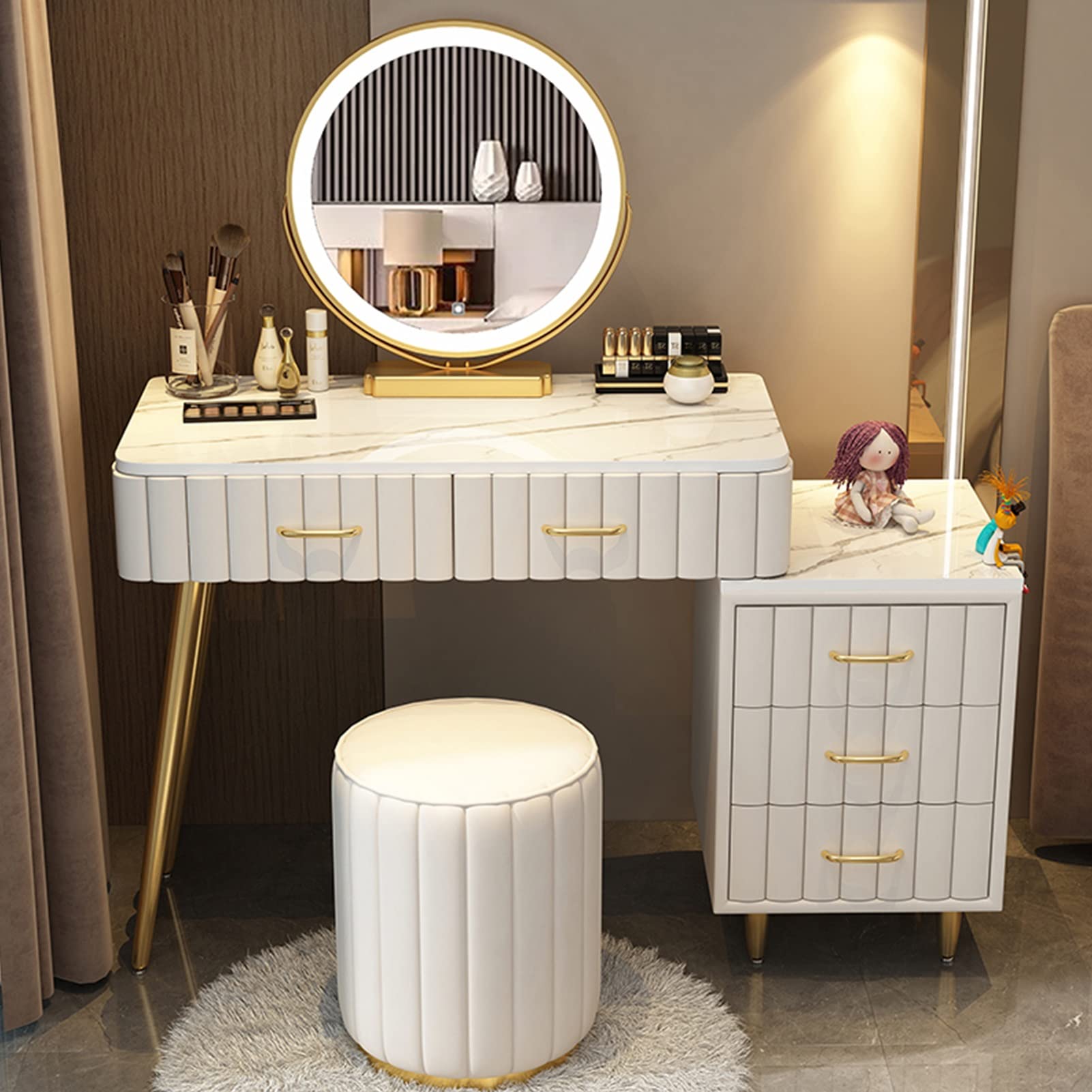 CGCSYZ Elegant Makeup Vanity Desk Set with Cushioned Stool LED Lighted Mirror in 3 Colors Spacious Dressing Table with Large Drawer Storage White 100cm/39.3in(White a-80cm/31.4in)