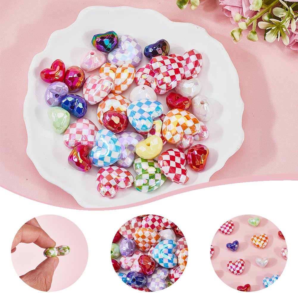 1 Box 40Pcs Acrylic Heart Bead Colorful Shaped Beads Bulk UV Plating Iridescent Plaid Hearts Love Shape Small Loose Spacer Beads for Jewelry Making Bracelet Necklace DIY Crafts Accessories