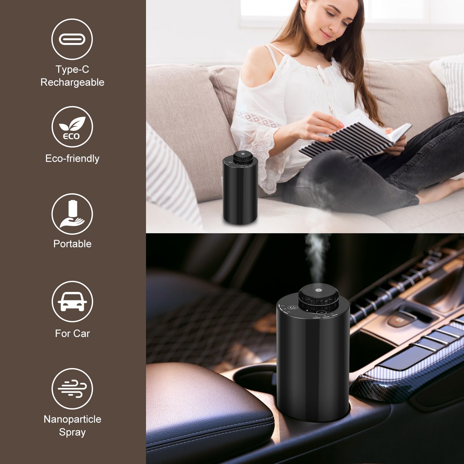 Waterloze diffuser voor etherische oliën, werkt op batterijen, draadloze aromatherapie-diffuser, ultrasone technologie, autodiffuser, aluminiumlegering, zwart