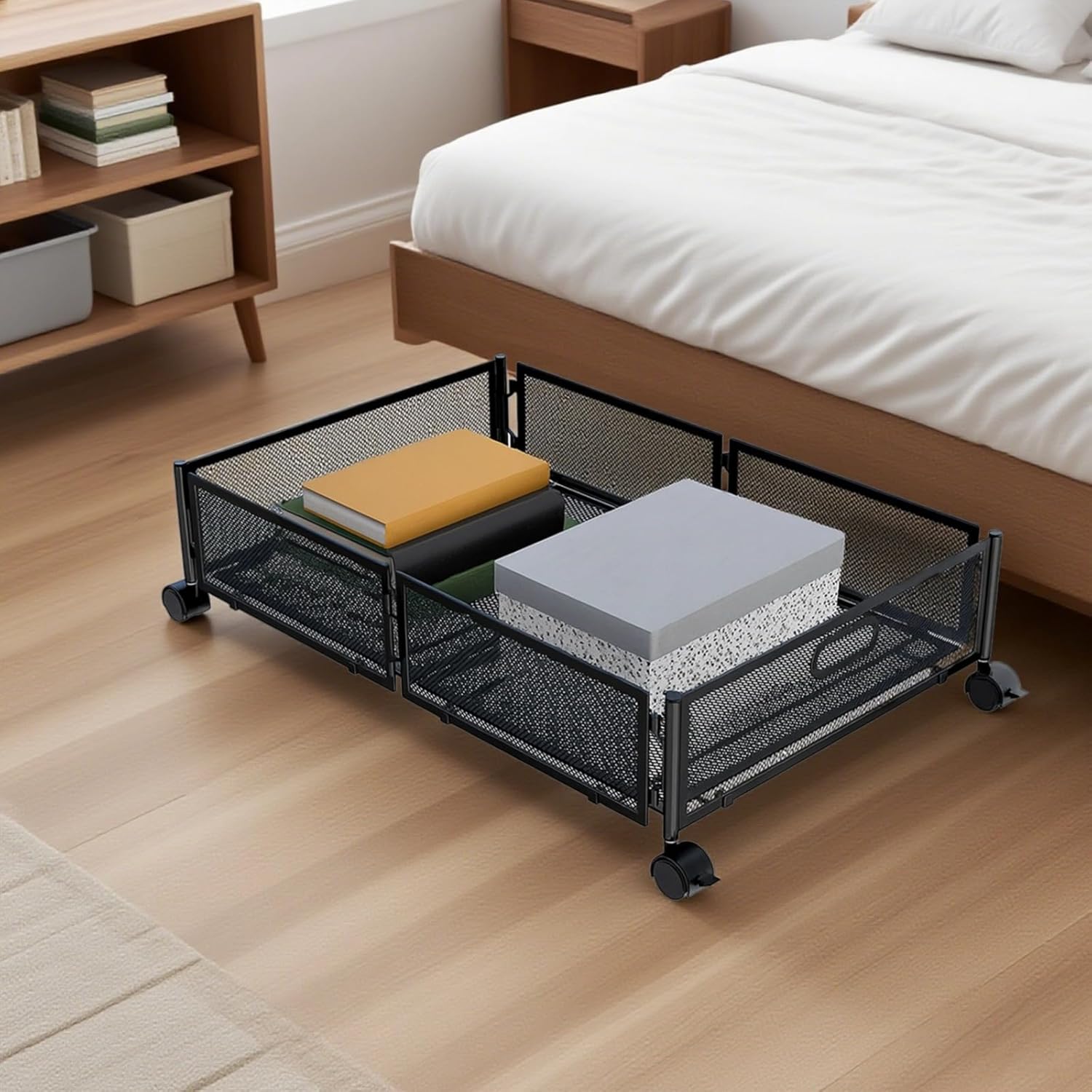 Breathable Mesh Underbed Storage Bins with Frames, Rollable, Heavy Duty, Black, for Clothes, Shoes, Bedding, Easy Access