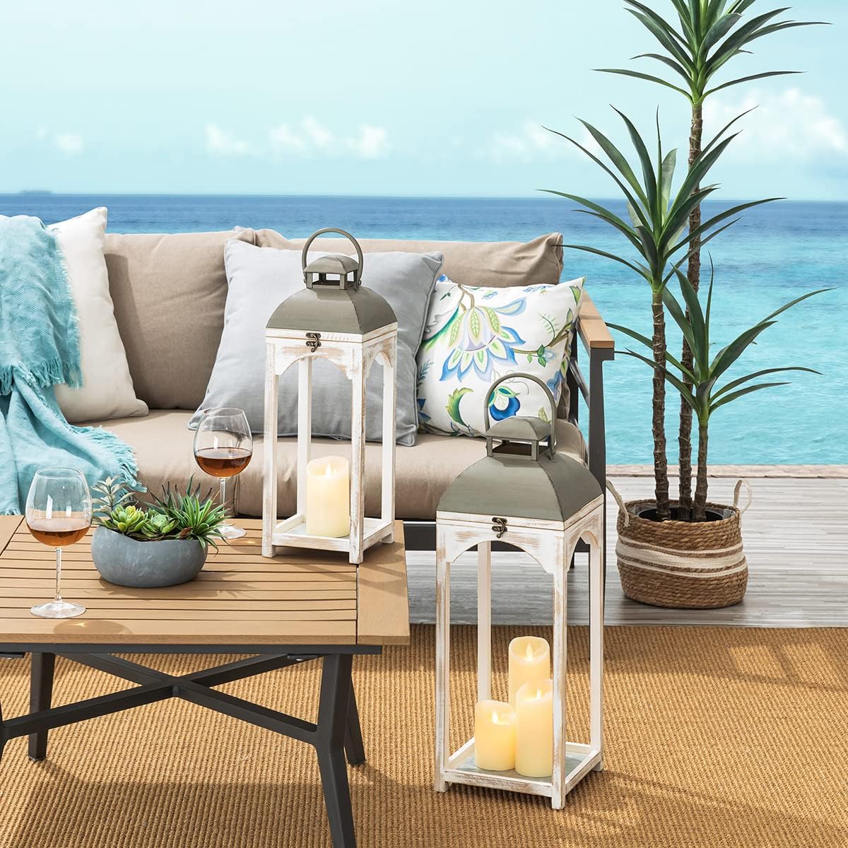 Diamond White Painted Wood Hanging Tabletop Candle Lantern Set