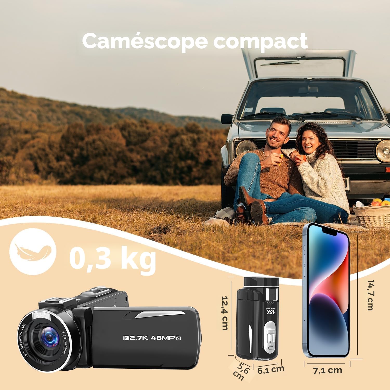 Caméra Vidéo 2.7K 48MP, Zoom Numérique 18X, Écran Rotatif 270° 3 Pouces avec Carte 32GB et Batterie