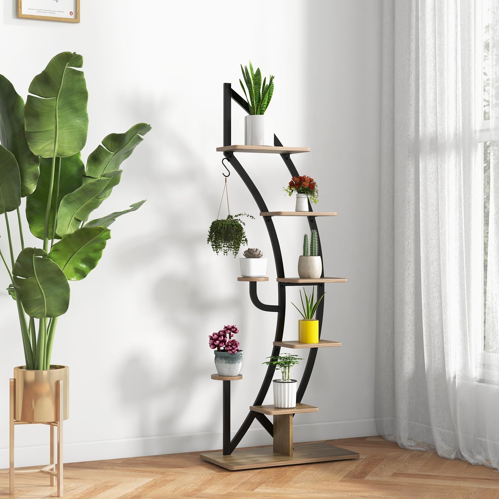 GOPLUS Soporte para Plantas de Metal de 7 Niveles, Estante de Exhibición con Forma de Media Luna, Gancho y Dispositivo Antivuelco, Estantería Curvada para Salón Dormitorio Balcón (Negro-2 Piezas)