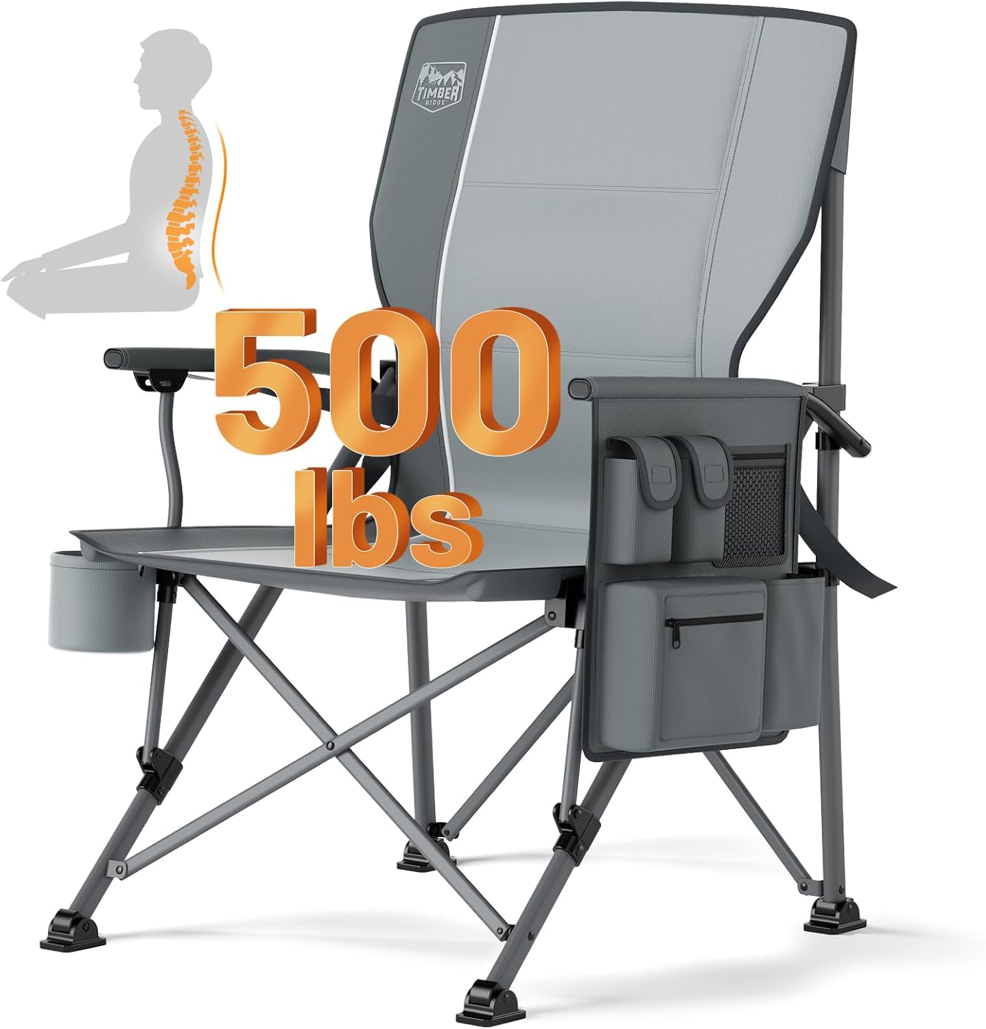 TIMBER RIDGE Oversized Folding Camping Chair with Lumbar Support Adjustable High Back Heavy Duty for Adults Support up to 500lbs with Cup Holder, Cooler Bag, Side Pocket, Grey Grey Steel