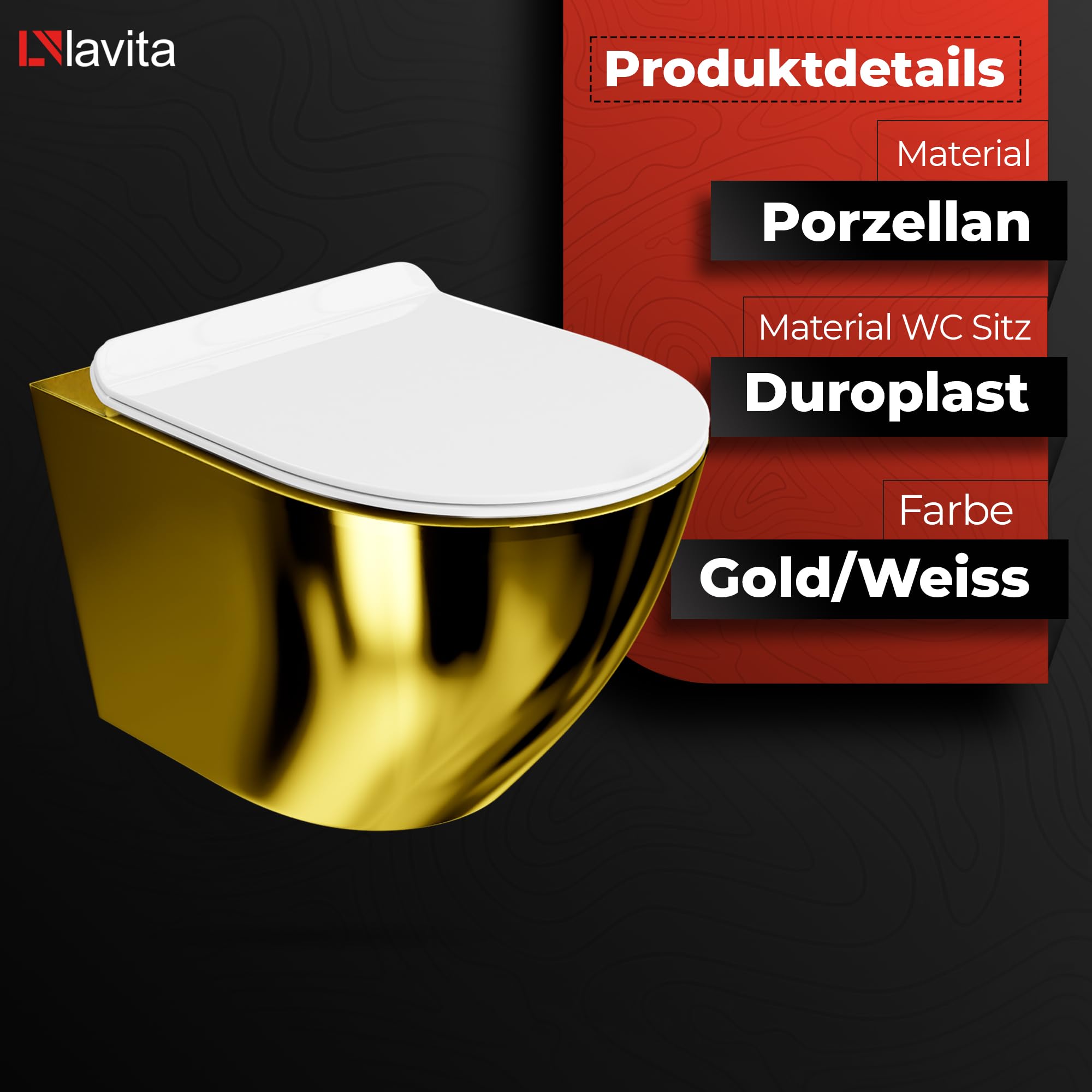 Lavita LAV 101 - Elemento da parete per WC 40 cm + parete sospesa per WC SOFI SLIM GOLD/WHITE senza bordi + pannello di controllo LAV 200.3.5 oro, set completo | cassetta di risciacquo da incasso | WC