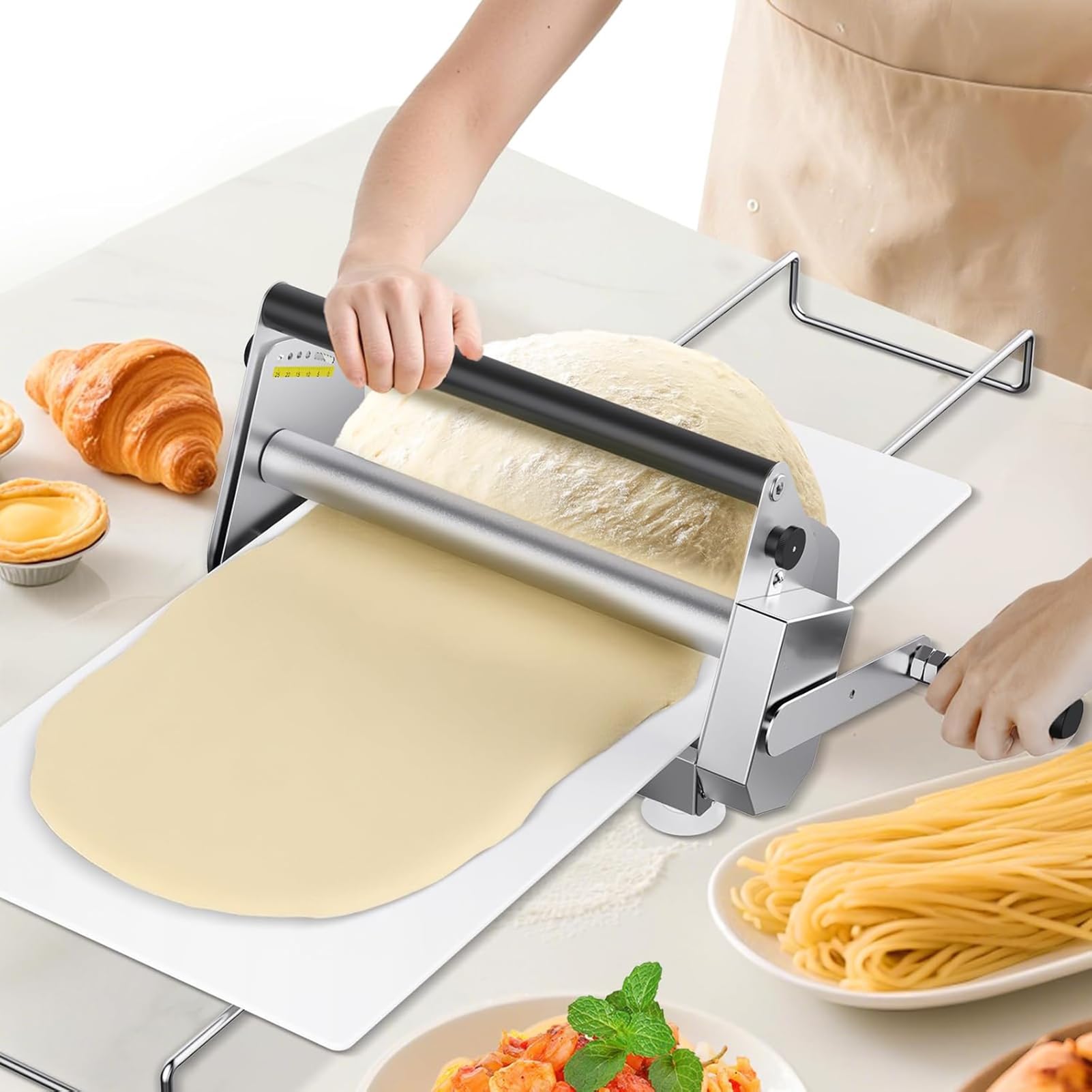 Teigausrollmaschine mit Ausrollbrett, manuelle Teigausrollmaschine aus Edelstahl mit 10/55 Dickeneinstellungen, gewerbliche und Private Nutzung für Bäckerei, Pizza, Croissant