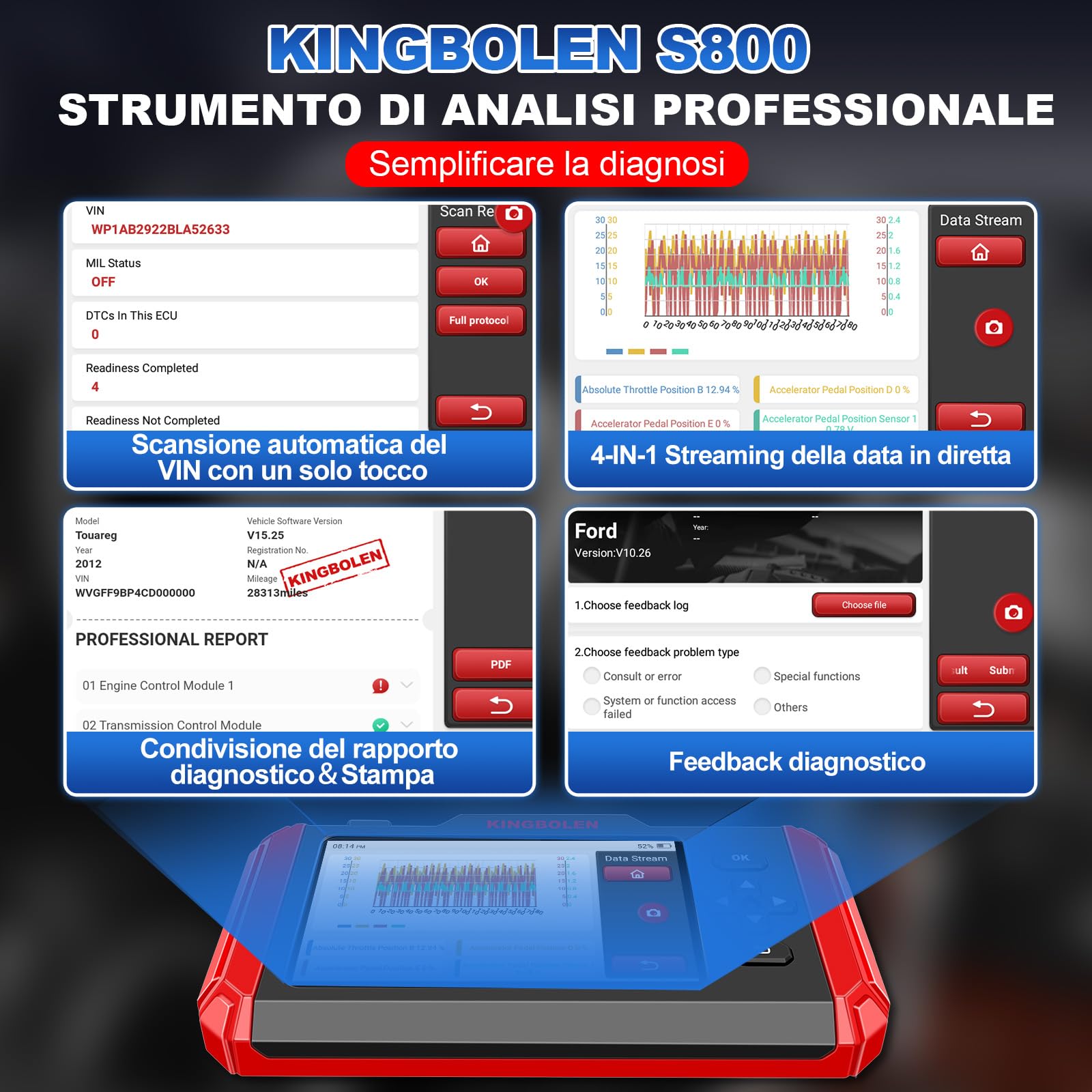 KINGBOLEN Diagnostica Auto Italiano,S800 OBDII Diagnosi Automatica 4 Sistema di diagnosi (ABS + SRS + ECM + TCM) e 15 Servizio di Manutenzione (Olio+Dpf Iniettore Codifica+BMS) Aggiornamento WiFi