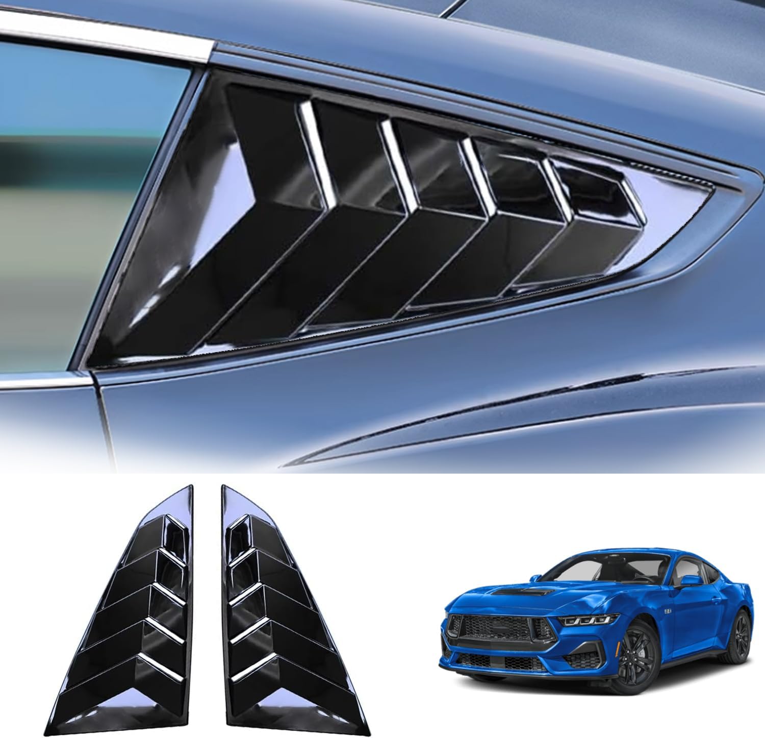 Window Louvers Fits for Ford Mustang 2024 2025 Accessories Rear Side Window Louvers Windshield Sun Shade Cover Auto Exterior Decoration Trim Accessories(Bright Black)