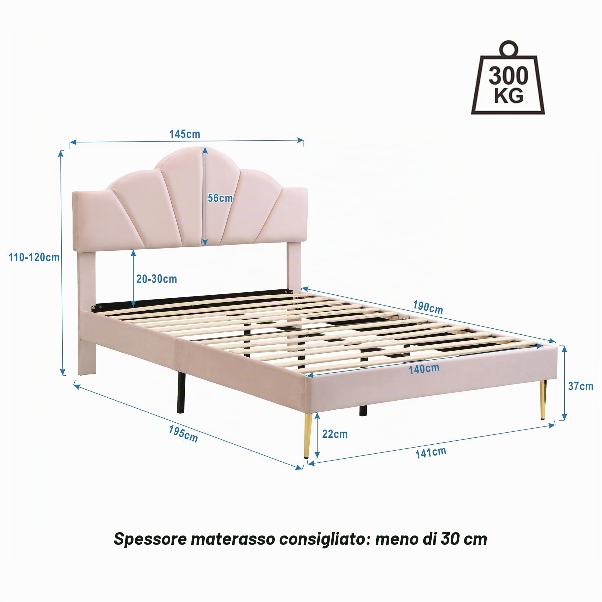 Velluto, Lit Double Rembourré, Forme de Coquille en Piedi in Ferro Dorato, Testa Regolabile in Altezza, Sommier a Lattes in Legno (Rosso, 140 x 190 cm)