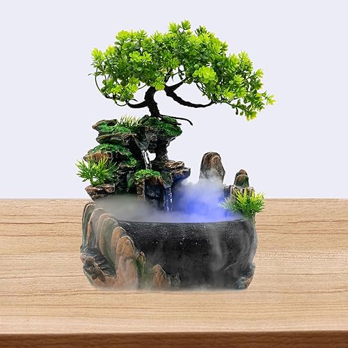 Fuente de escritorio de relajación para interiores, cascada de meditación zen con bomba automática y humidificador atomizador, cascada iluminada