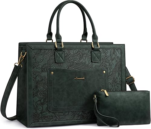 Miniatura 13 de LOVEVOOK Bolso de lona para laptop para mujeres, de 15.6 pulgadas, bolsos de trabajo, bolso de cuero vintage, bolsos de computadora impermeables con