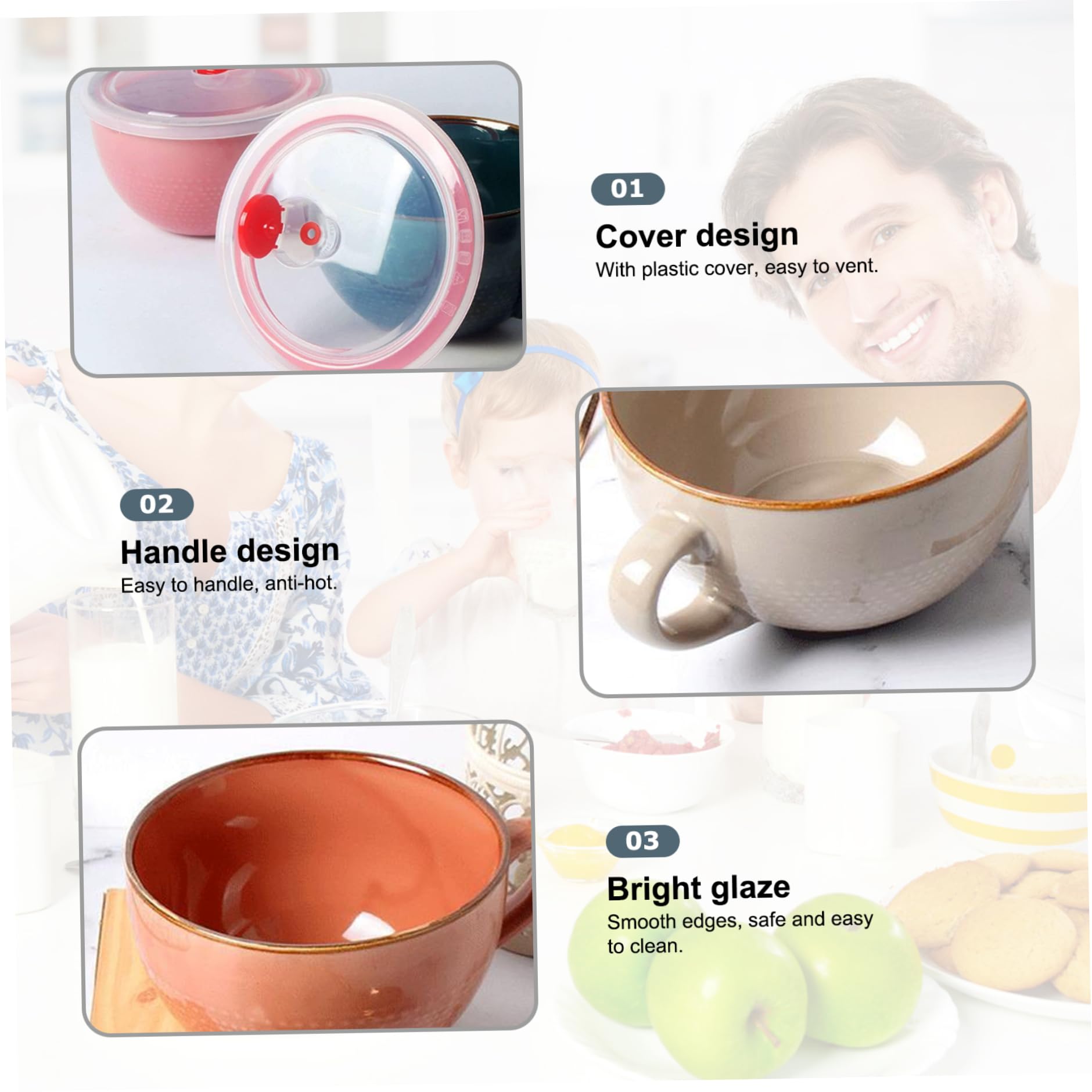 Tazza di zuppa, ciotole da zuppa in ceramica da 700 ml con manici a microonde tazza di zuppa con coperchio, ciotole di zuppa facili da pulire per cereali per latte d'avena ramen farina d'avena