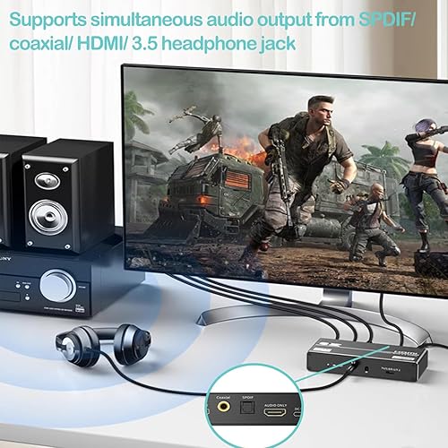Miniatura 4 de Extractor de audio HDMI 8K, HDMI a HDMI + SPDIF Toslink óptico + conector de audio de 0.138 in + coaxial + divisor de audio HDMI de 7.1 Ch