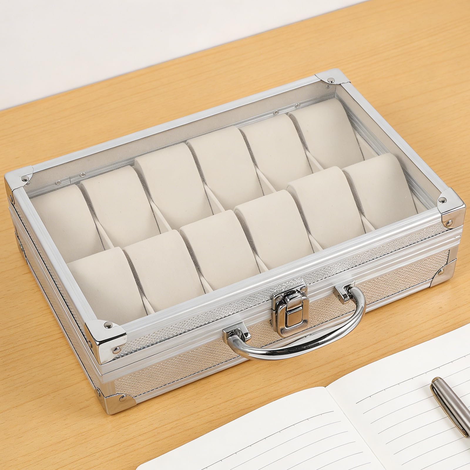 Aluminiumlegierung Uhrenbox mit Klarsichtdeckel, 12 Fächer, Silber | Samt Innenfutter, Robuste Ausführung, Reise und Zuhause, für Damen und Herren, Praktische Aufbewahrung