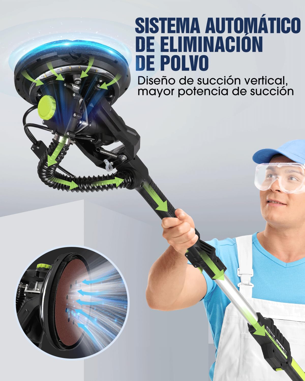 MYTOL Lijadora Jirafa con Aspirador, 900W Eléctrico Lijadora de Pared Mango Plegable Extensible, 6 Velocidades Ajustables Máximo1800U/min, Luz LED, 12 Discos Lijado