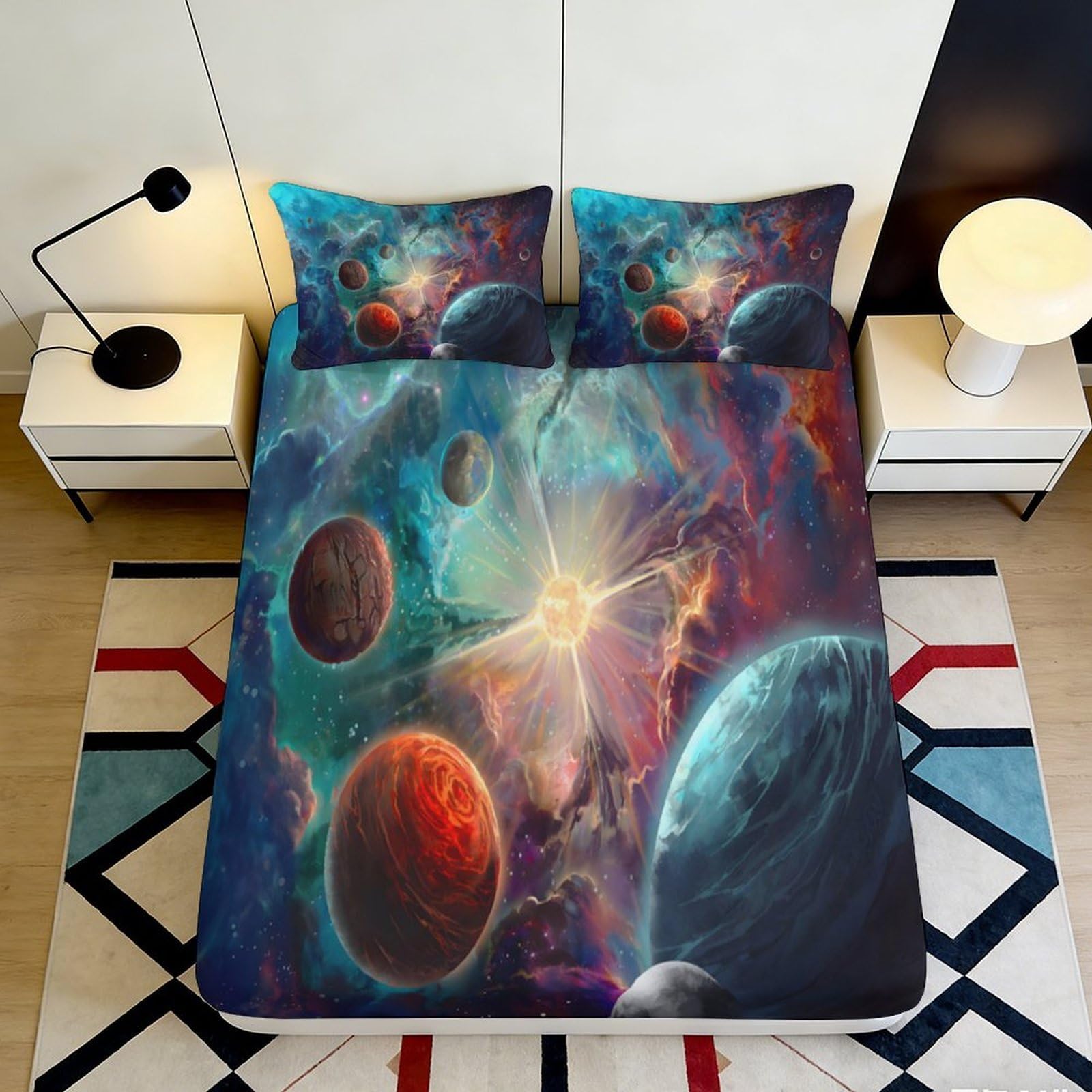 3D Printed Galaxy Planets Fitted Sheet Microfiber Deep Pocket Elastic Hem Bedroom Bedding Universe Mattress Fitted Cover Non-Slip 200x200x25cm 90x200x25cm