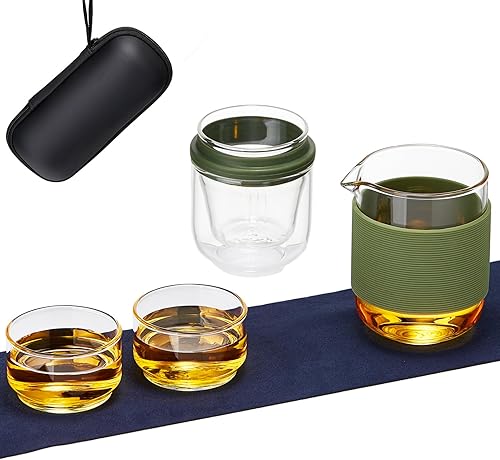 SPARROW - Juego de té de cristal, tetera portátil pequeña de gongfu con 1 infusor, 2 tazas y 1 taza principal, todo en uno, funda resistente al agua