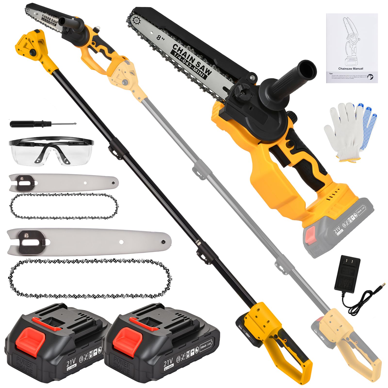 Electric 21V Cordless 2-in-1 Mini Chainsaw Combo, 8″&amp; 6″ Guide Bar Chains, Battery Powered Tree Trimmer, Protective Handle, Auto-Oil System, Includes Case &amp; Safety Kit