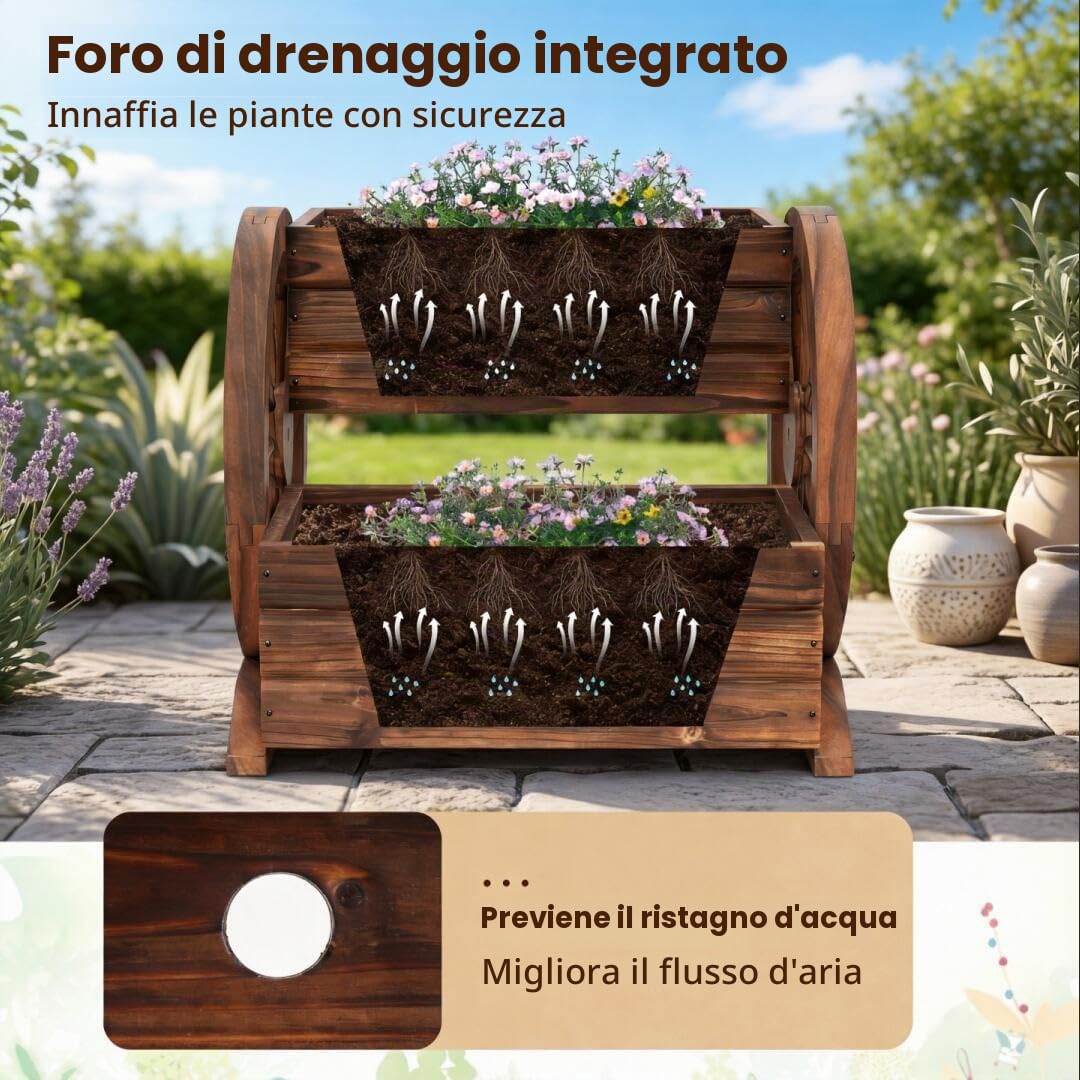 HOMASIS Carriola da Giardino in Legno, Fioriera con Ruote e Vaso da Fiori, Orto Rialzato da Giardino con Fori di Drenaggio e Guanti, Carrello Decorazione da Balcone (Marrone, 46 x 44 x 35 cm)