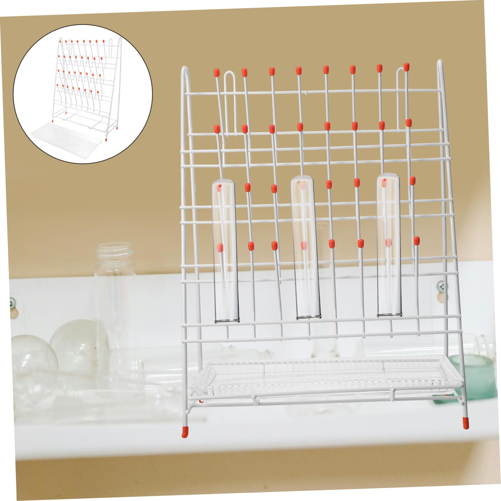 Weißes Flasche Drying Rack aus Eisen mit 32-peg Design Enhanced Stability und Easy Cleaning als Laborröhrchengestell und Trockengestell für Laborbecher